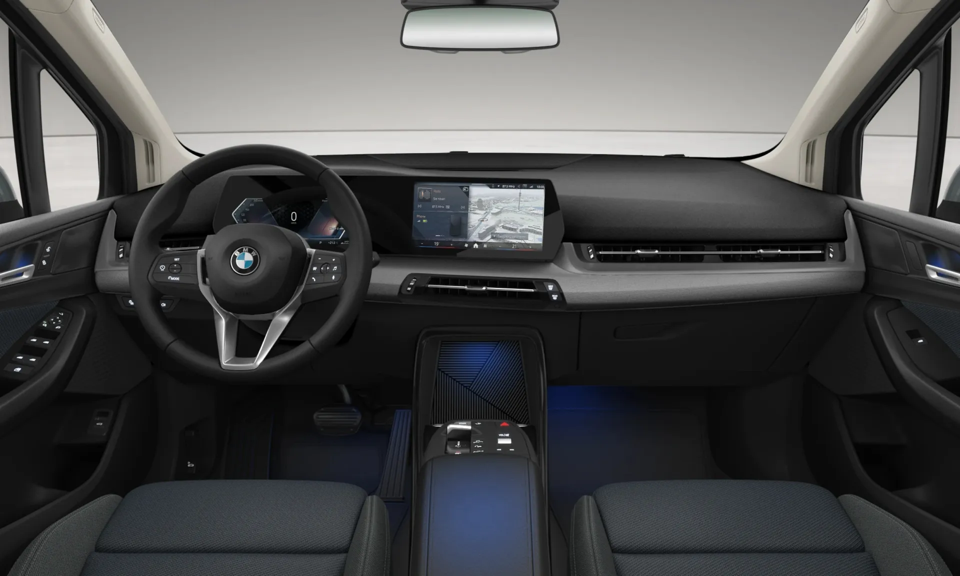 Řada 2 Active Tourer (U06), Sériové provedení, Metalický lak Skyscraper Grey, interiér Látka Econeer Bicolour Blue, dashboard