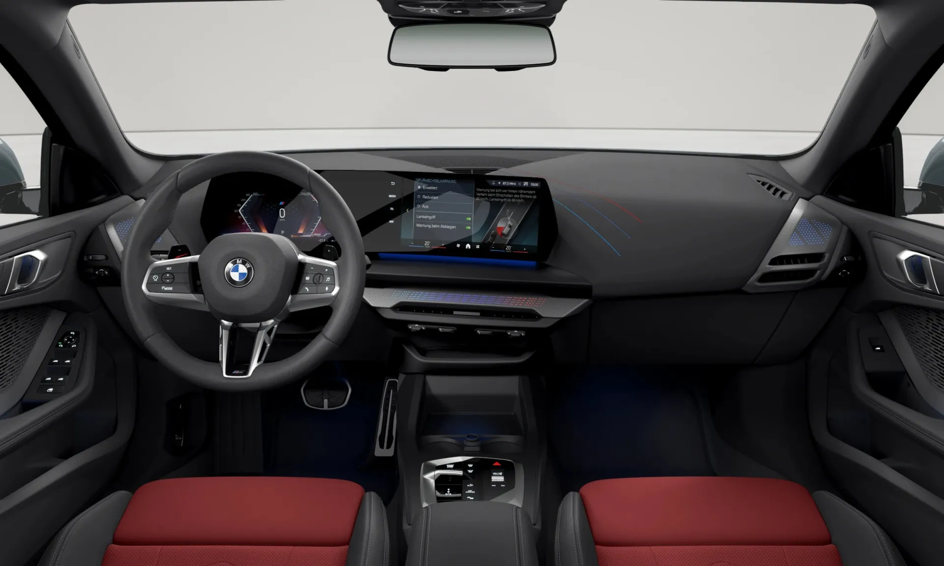 Řada 2 Gran Coupé (F74), M sportovní paket, BMW Individual metalický lak Storm Bay, interiér Umělá kůže Veganza perforovaná Coral Red/Black, dashboard
