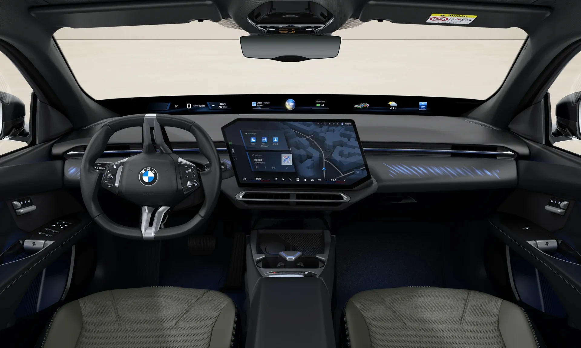 i3 Sedan (NA0), Sériové provedení, BMW Individual metalický lak Frozen Space Silver, interiér Design interiéru Contemporary Agave Green bicolour, dashboard