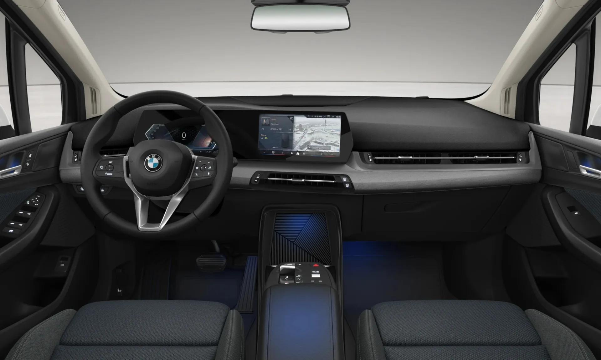 Řada 2 Active Tourer (U06), Sériové provedení, Metalický lak Mineral White, interiér Látka Econeer Bicolour Blue, dashboard