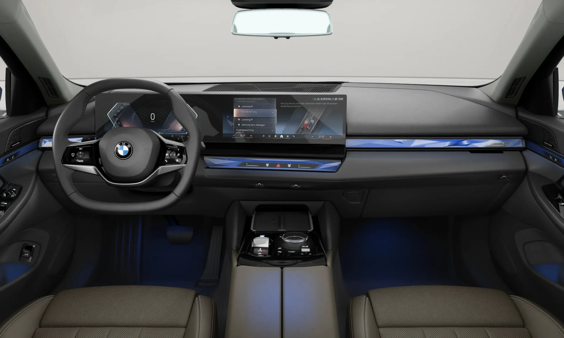 Řada 5 Sedan (G60), Sériové provedení, BMW Individual metalický lak Tanzanite Blue, interiér Umělá kůže Veganza perforovaná a prošívaná Espresso Brown, dashboard