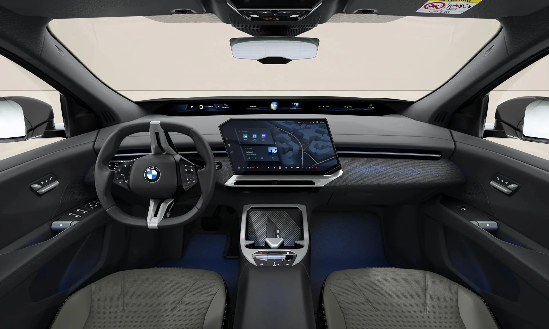 iX3 (NA5), Sériové provedení, Metalický lak Black Sapphire, interiér Design interiéru Contemporary Agave Green bicolour, dashboard