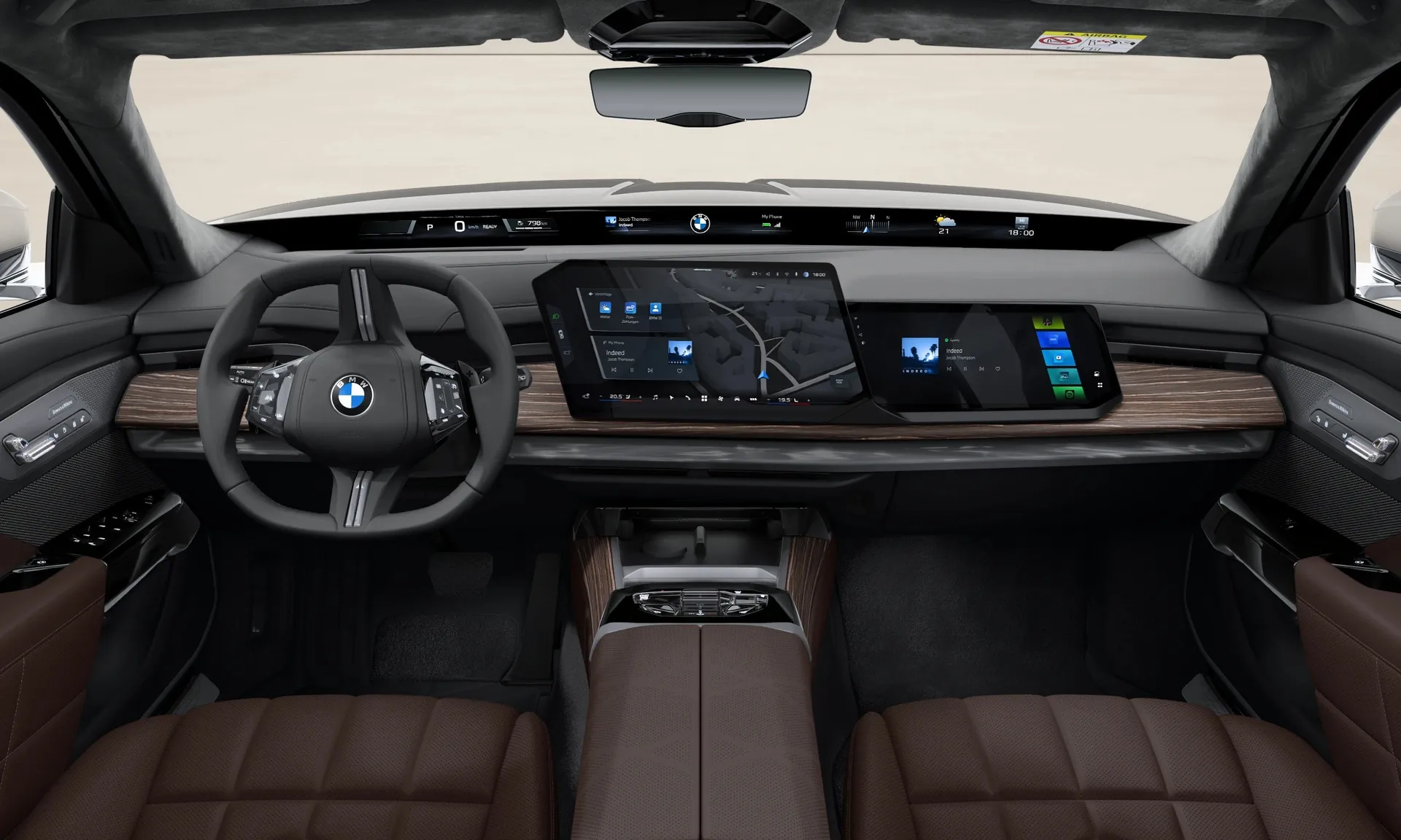 Řada 7 Sedan (G70), Sériové provedení, BMW Individual dvoubarevný lak Dravit Grey/Oxide Grey II, interiér BMW Individual kůže Merino s rozšířením Mocha, dashboard