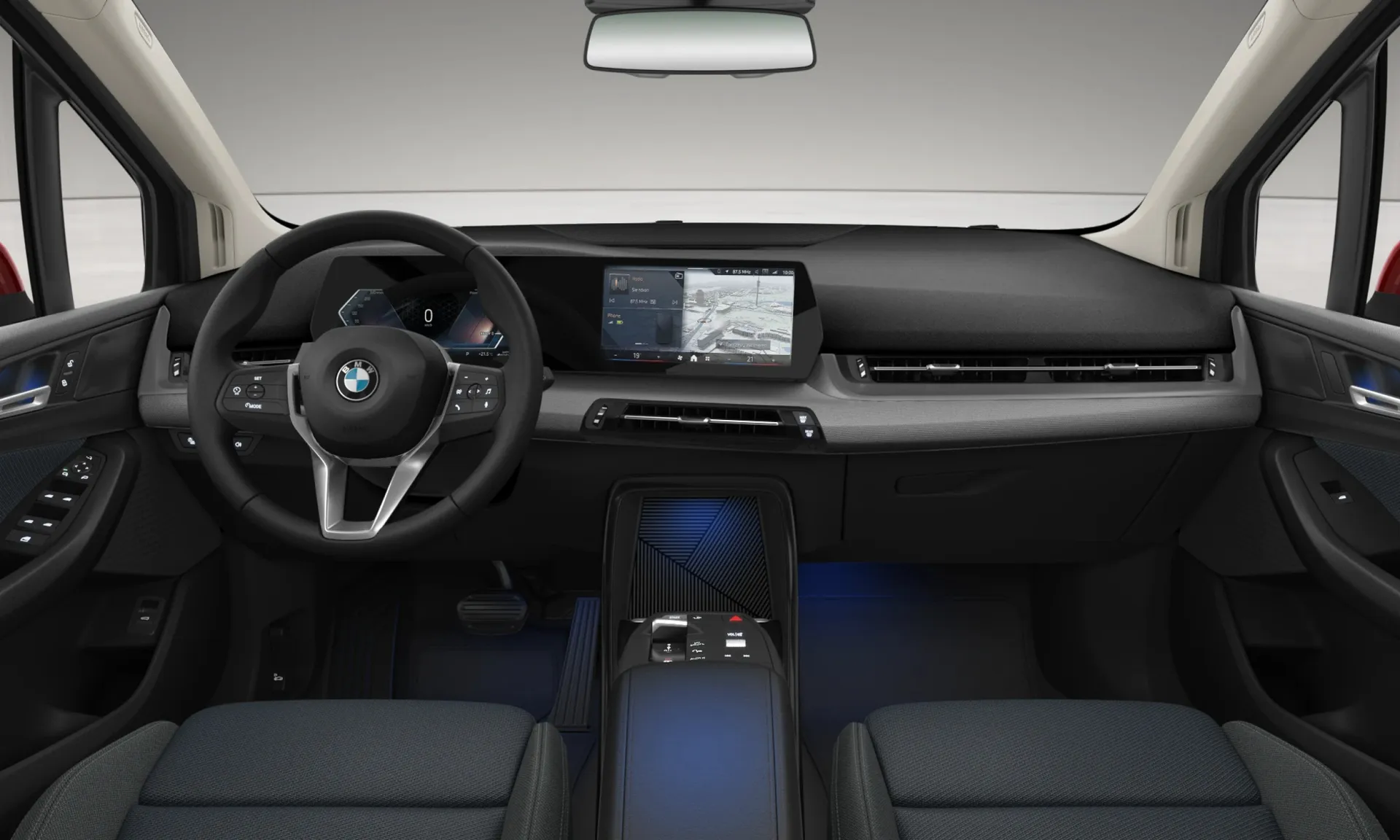 Řada 2 Active Tourer (U06), Sériové provedení, Metalický lak Fire Red, interiér Látka Econeer Bicolour Blue, dashboard