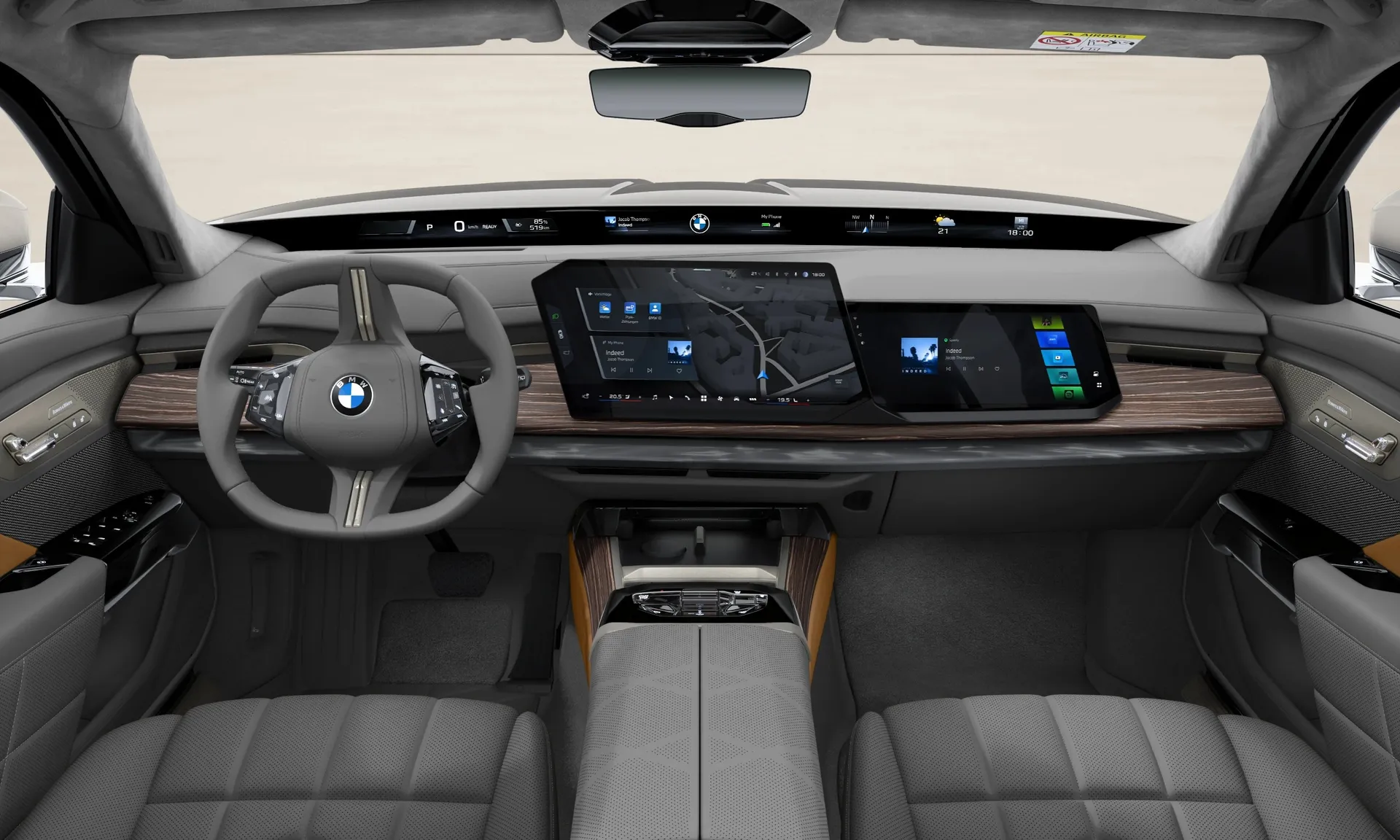 i7 Sedan (G70), Sériové provedení, BMW Individual dvoubarevný lak Dravit Grey/Oxide Grey II, interiér BMW Individual kůže Merino Caramel/Atlas Grey, dashboard
