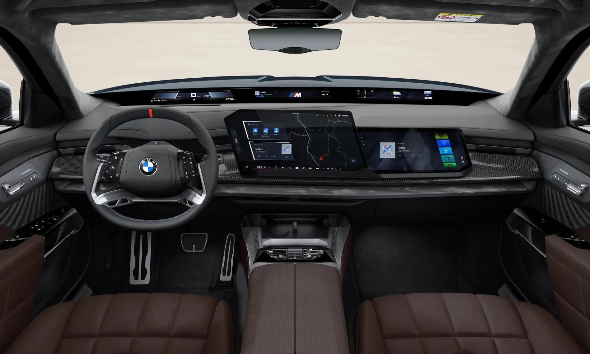 i7 Sedan (G70), M Modely, Metalický lak Carbon Black, interiér BMW Individual kůže Merino s rozšířením Mocha, dashboard