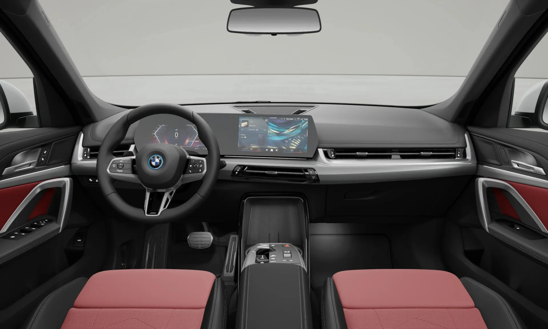 iX1 (U11), M sportovní paket, interiér Umělá kůže Veganza perforovaná Coral Red/Black, dashboard