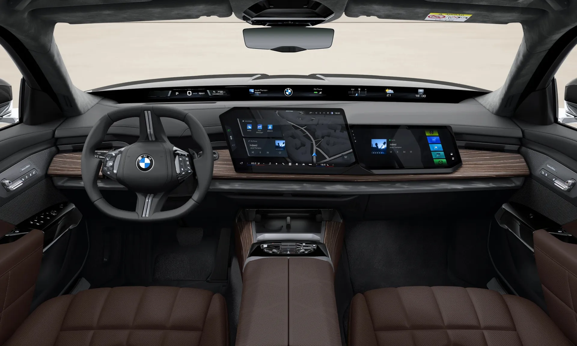 Řada 7 Sedan (G70), Sériové provedení, BMW Individual dvoubarevný lak Vancouver Green/Sapphire Black, interiér BMW Individual kůže Merino s rozšířením Mocha, dashboard