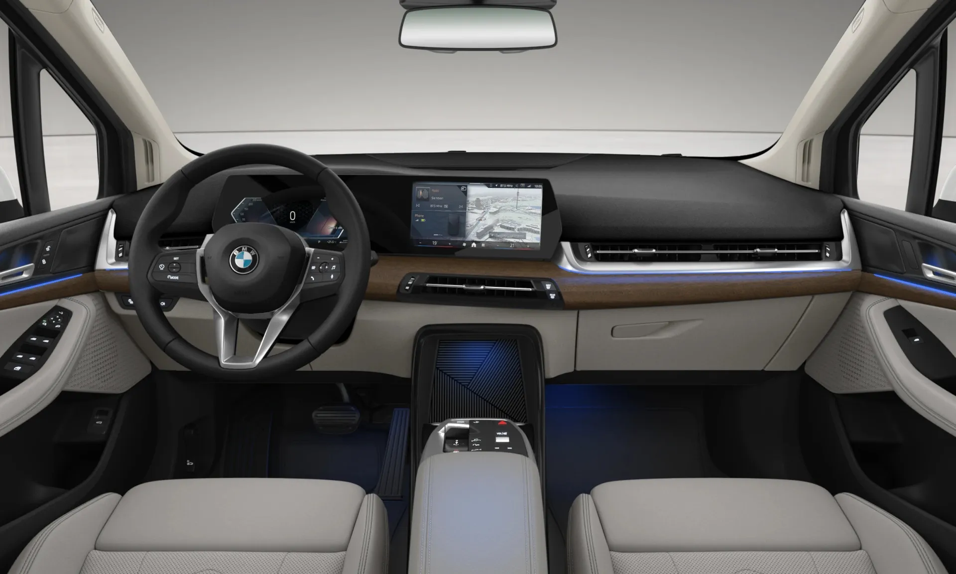 Řada 2 Active Tourer (U06), Luxury Line, Metalický lak Mineral White, interiér Umělá kůže Veganza perforovaná Smoke White, dashboard