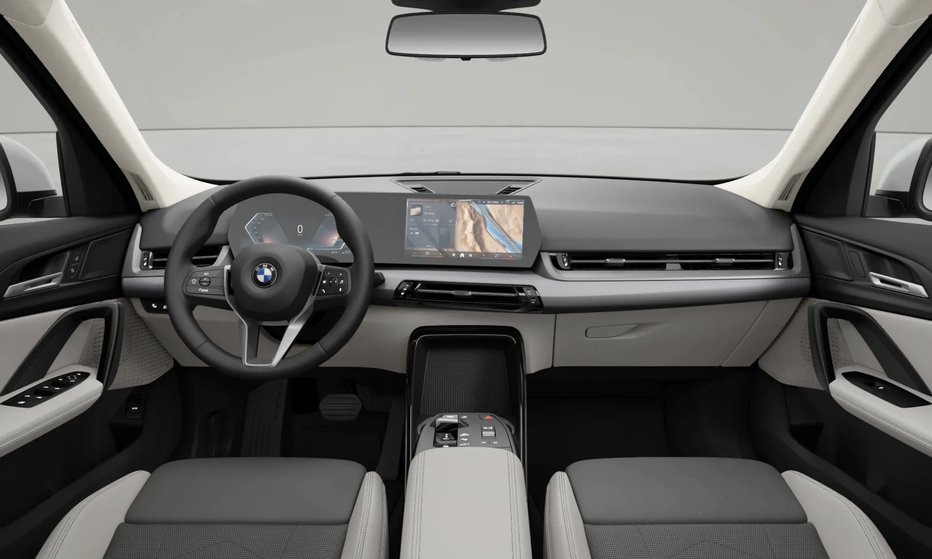 X1 (U11), Sériové provedení, Metalický lak Mineral White, interiér Umělá kůže Veganza perforovaná Atlas Grey/Smokey White, dashboard