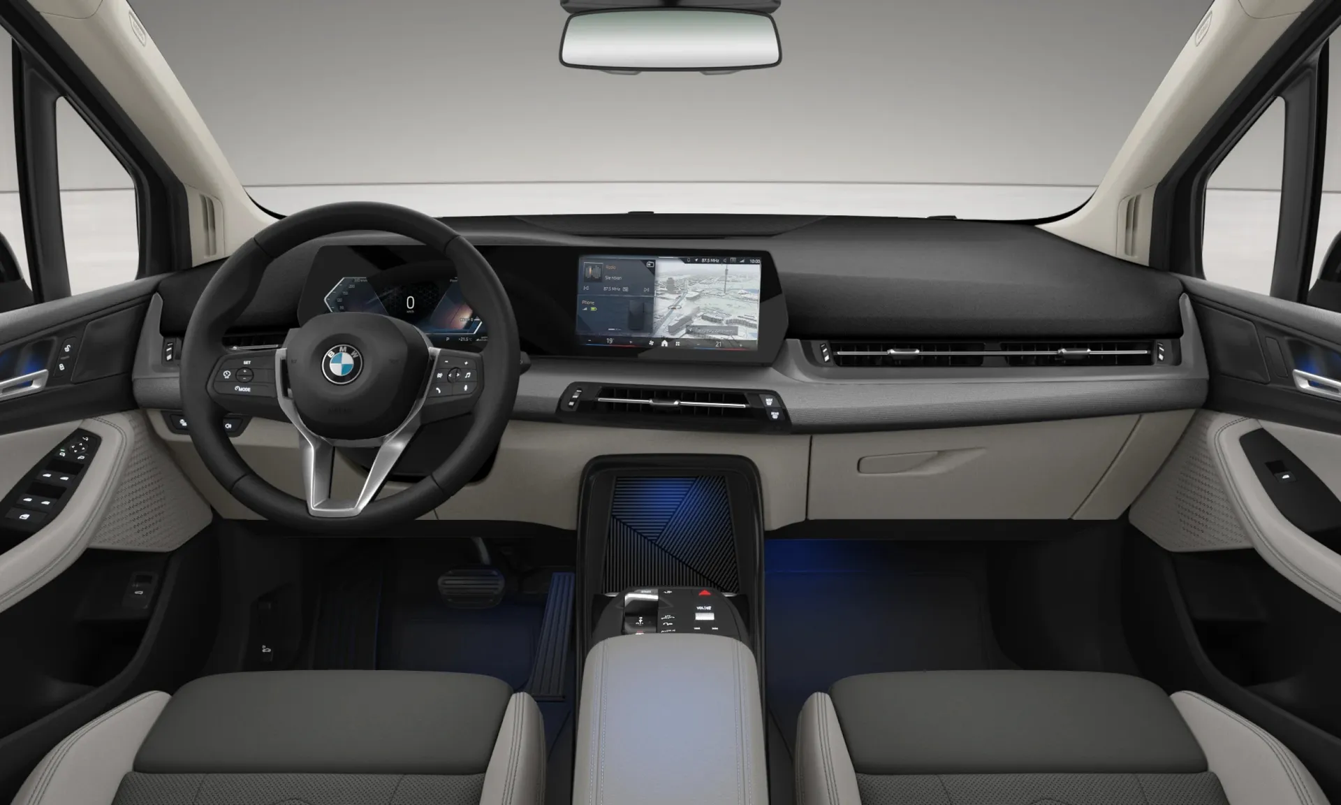 Řada 2 Active Tourer (U06), Sériové provedení, Metalický lak Black Sapphire, interiér Umělá kůže Veganza perforovaná Atlas Grey/Smokey White, dashboard