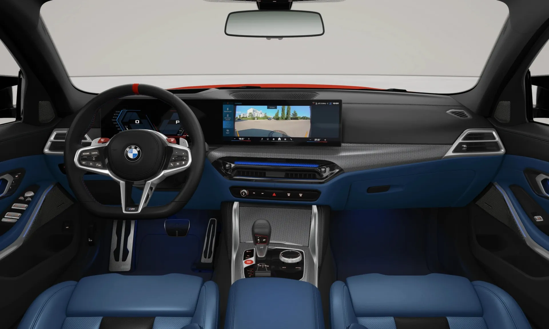 M3 Touring (G81), M Modely, Metalický lak M Toronto Red, interiér BMW Individual celokožené čalounění Merino Fjord Blue/Black, dashboard
