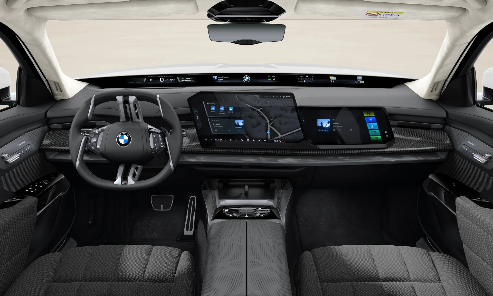 Řada 7 Sedan (G70), M sportovní paket, interiér BMW Individual kůže Merino/vlna/kašmír s exkluzivním obsahem Black/Grey, dashboard