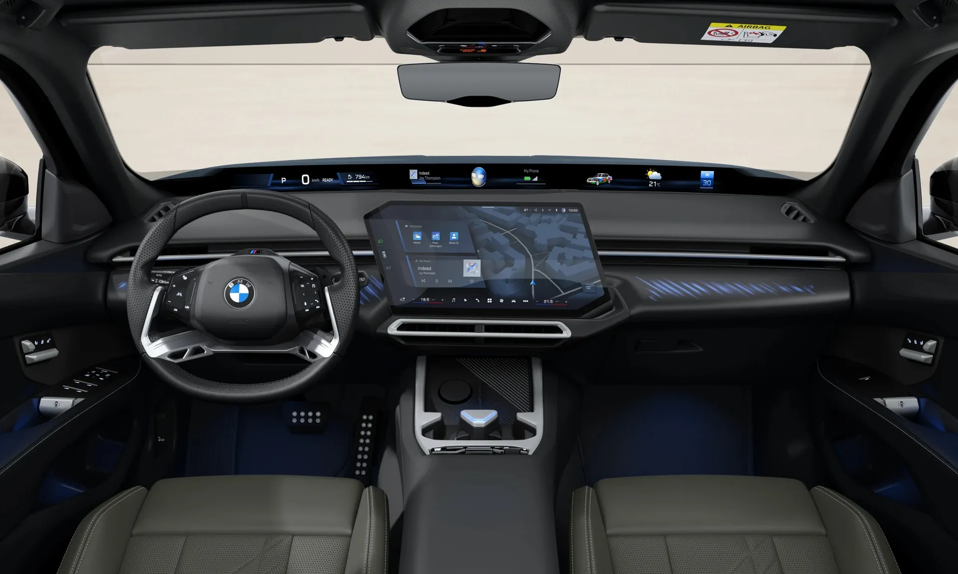 Řada 3 Sedan (G50), M sportovní paket Pro, Metalický lak Ocean Wave Blue, interiér Design interiéru Contemporary Agave Green, dashboard