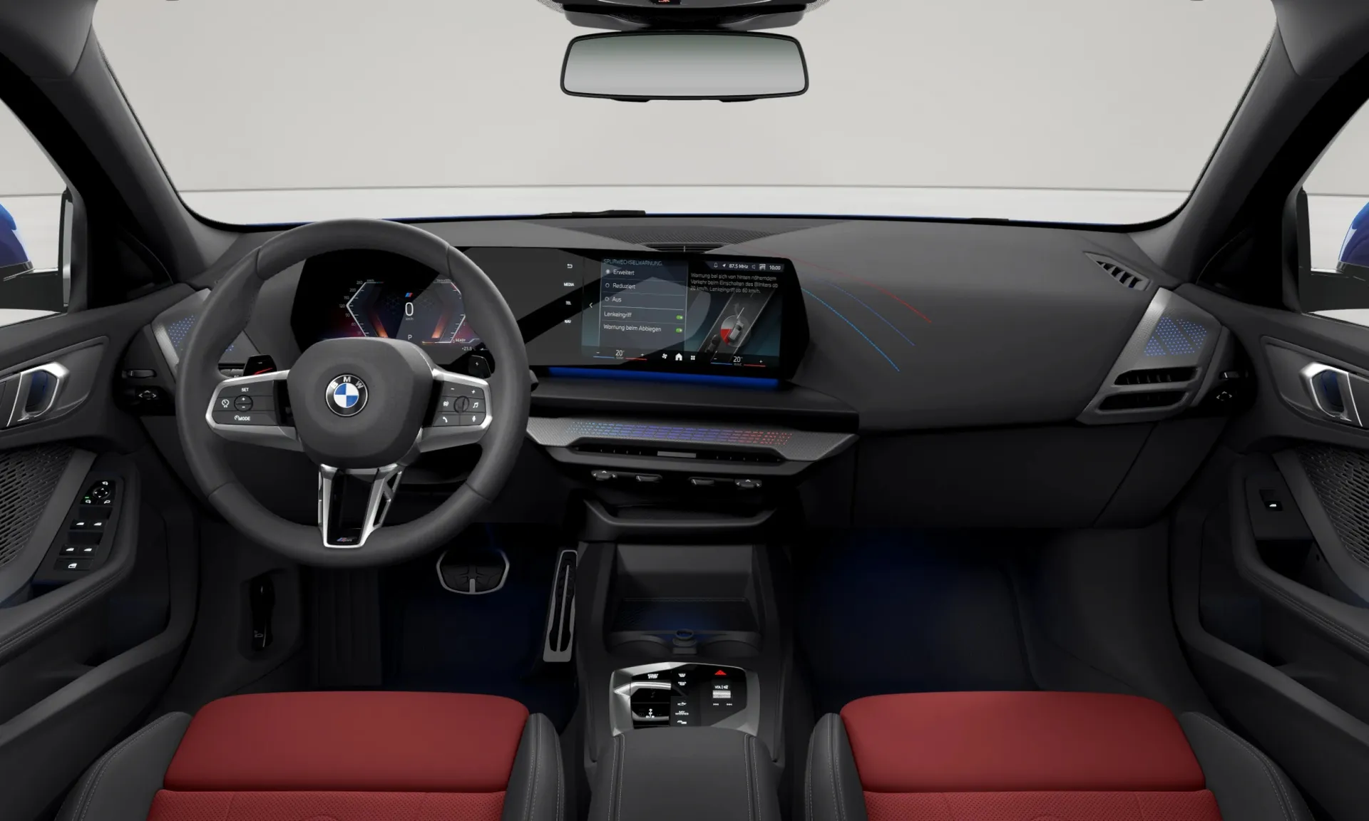 Řada 1 (F70), M sportovní paket, Metalický lak M Portimao Blue, interiér Umělá kůže Veganza perforovaná Coral Red/Black, dashboard