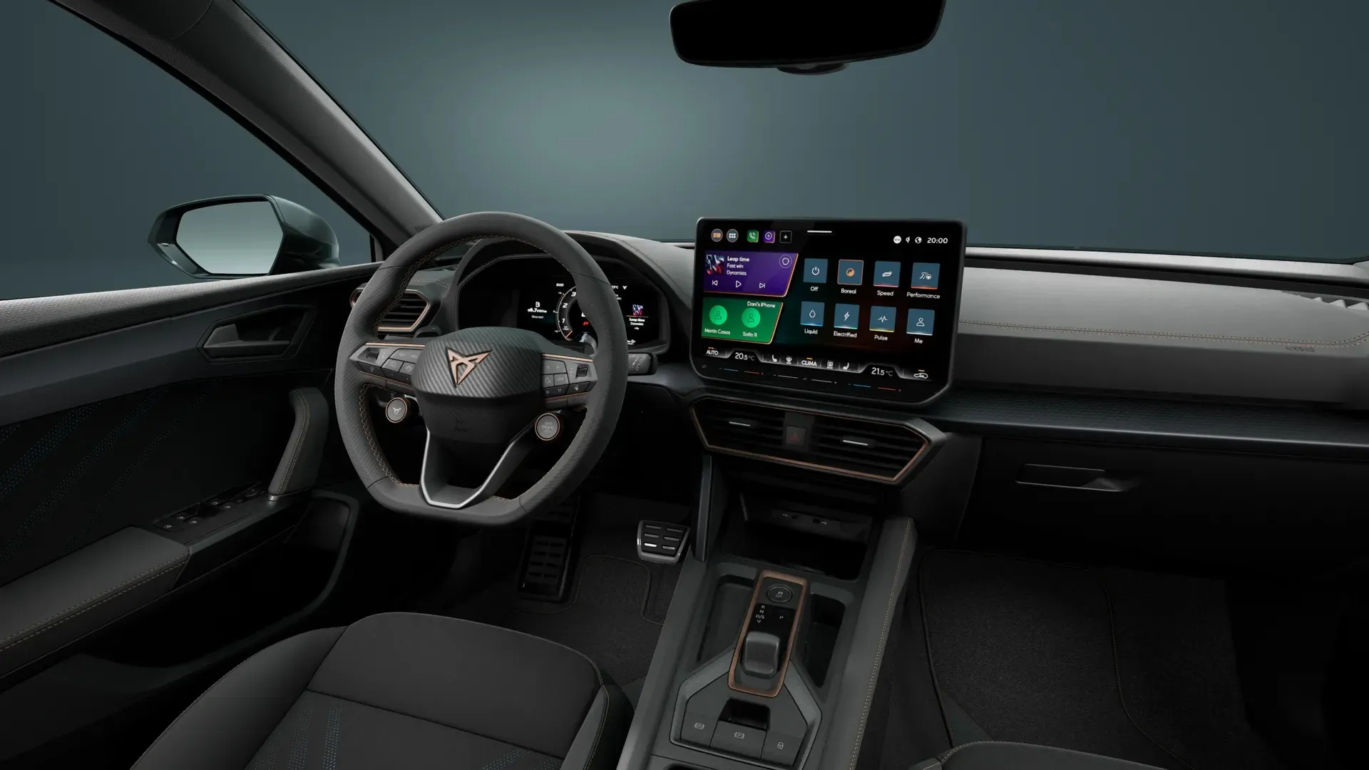 CUPRA Leon, VZ, Graphene šedá, interiér Dinamica/umělá kůže – černá/šedá/měď, interiorfront