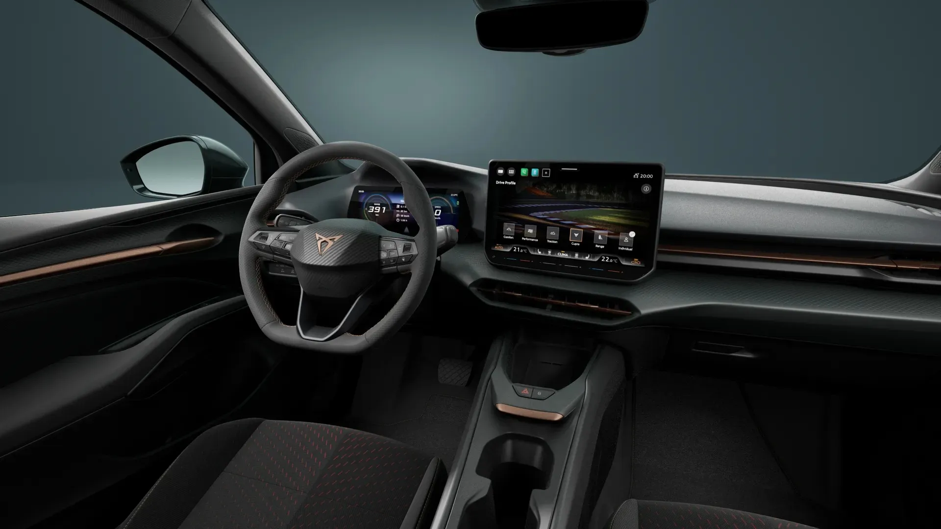 CUPRA Raval, PLUS, interiér PULSE – černá/měď, interiorfront