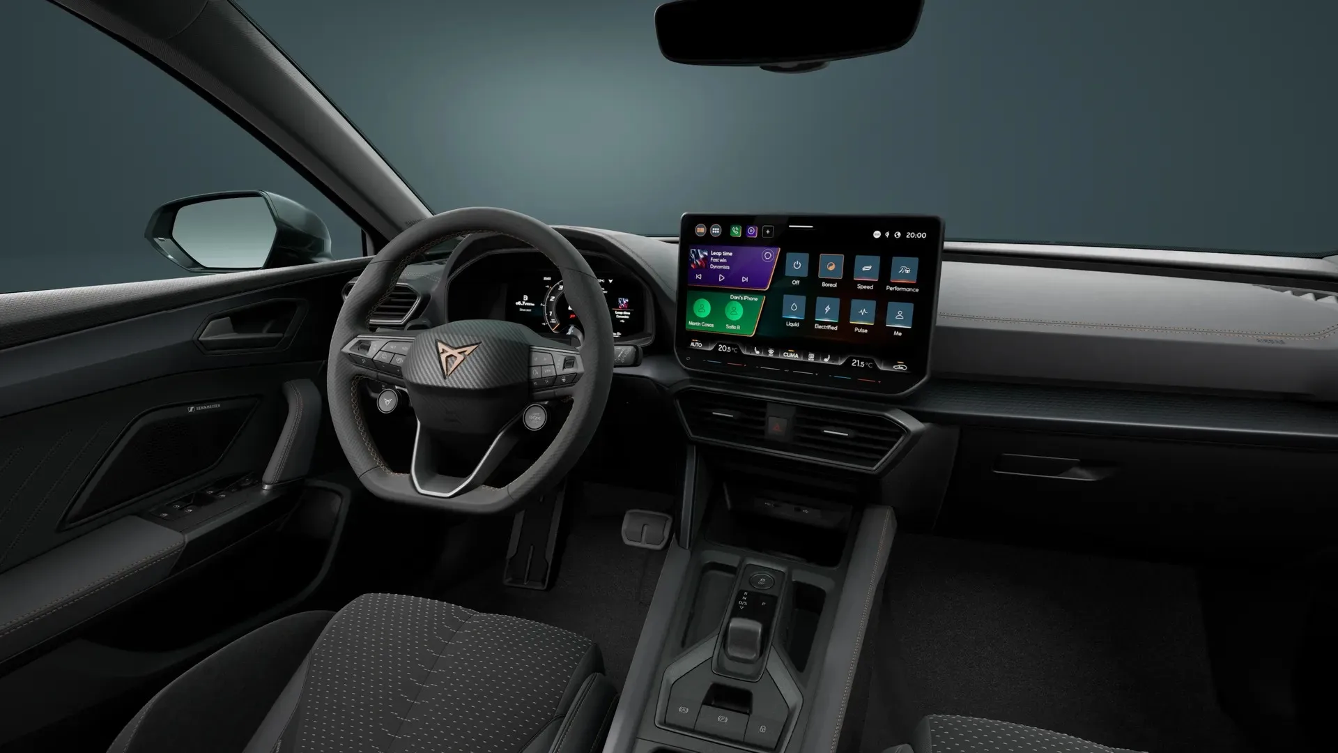 CUPRA Leon, VZ Extreme, interiér látka/Dinamica/kůže – šedá/černá/měď, interiorfront