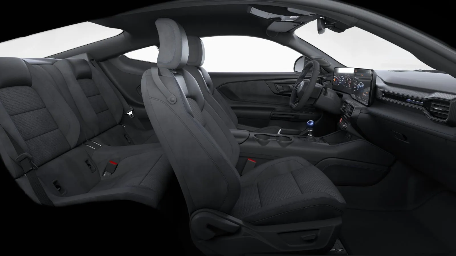 Mustang Fastback, Dark Horse, interiér Čalounění velur/vinyl v černé s modrým prošíváním, seats