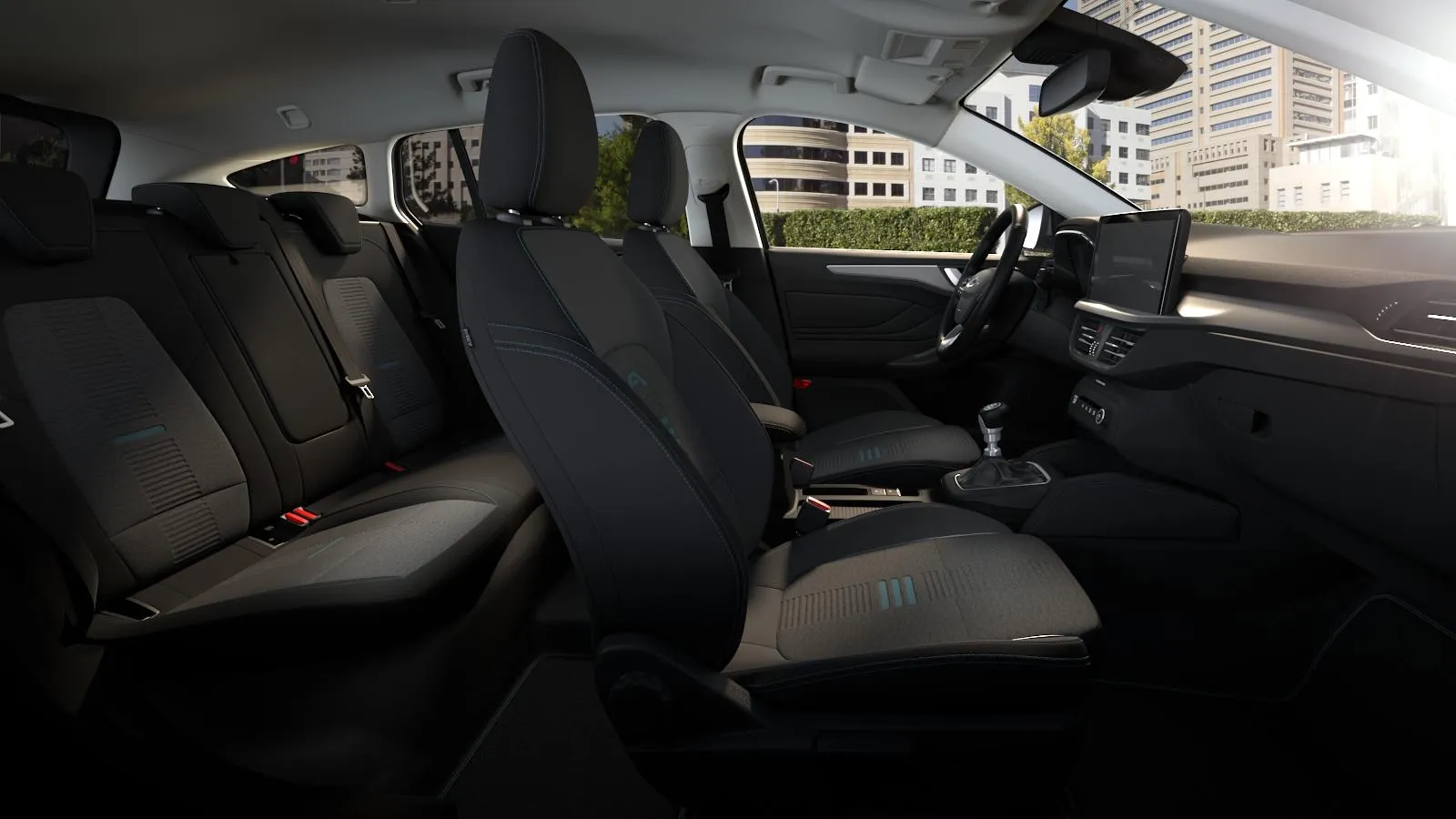 Focus kombi, Active X, interiér Látky Nunatak / Eton  s modrým prošíváním, dashboard-side