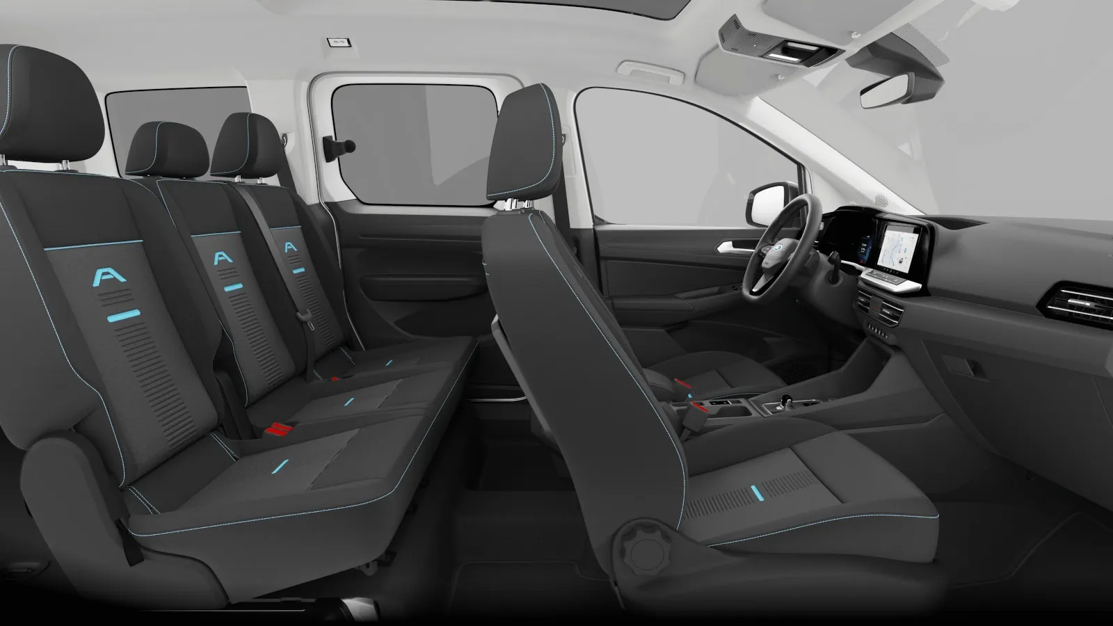 Tourneo Connect, Active, interiér Tmavé látkové potahy sedadel ,Glacier' s modrým prošíváním, dashboard-side