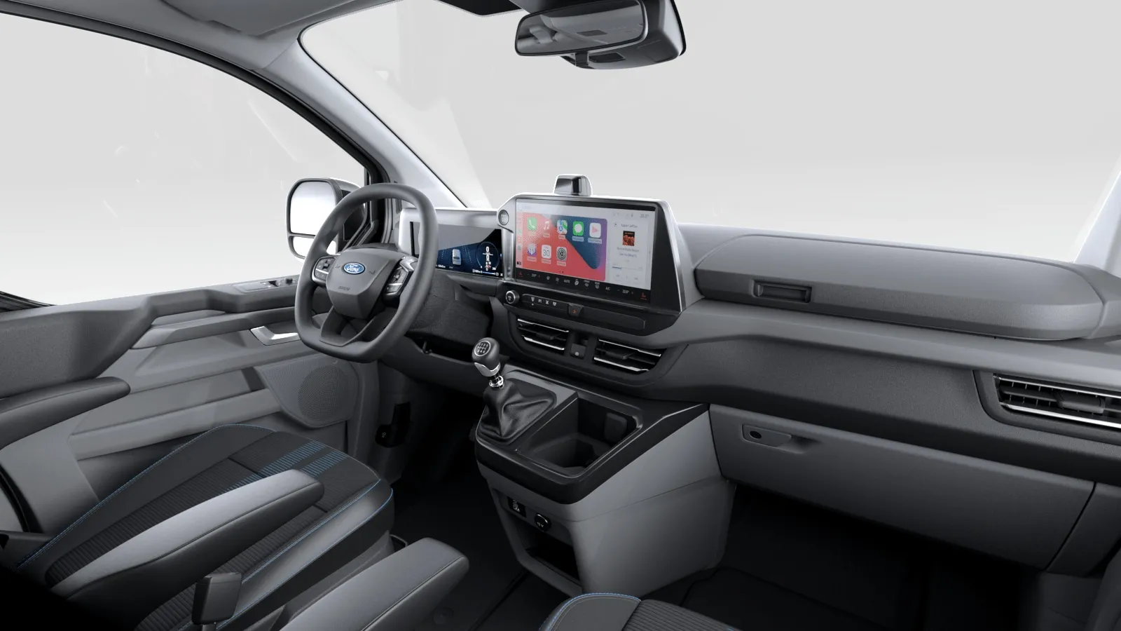 Tourneo Custom 320 L1 H1, Sport, interiér Tmavé potahy látka/vinyl s modrými pruhy, dashboard