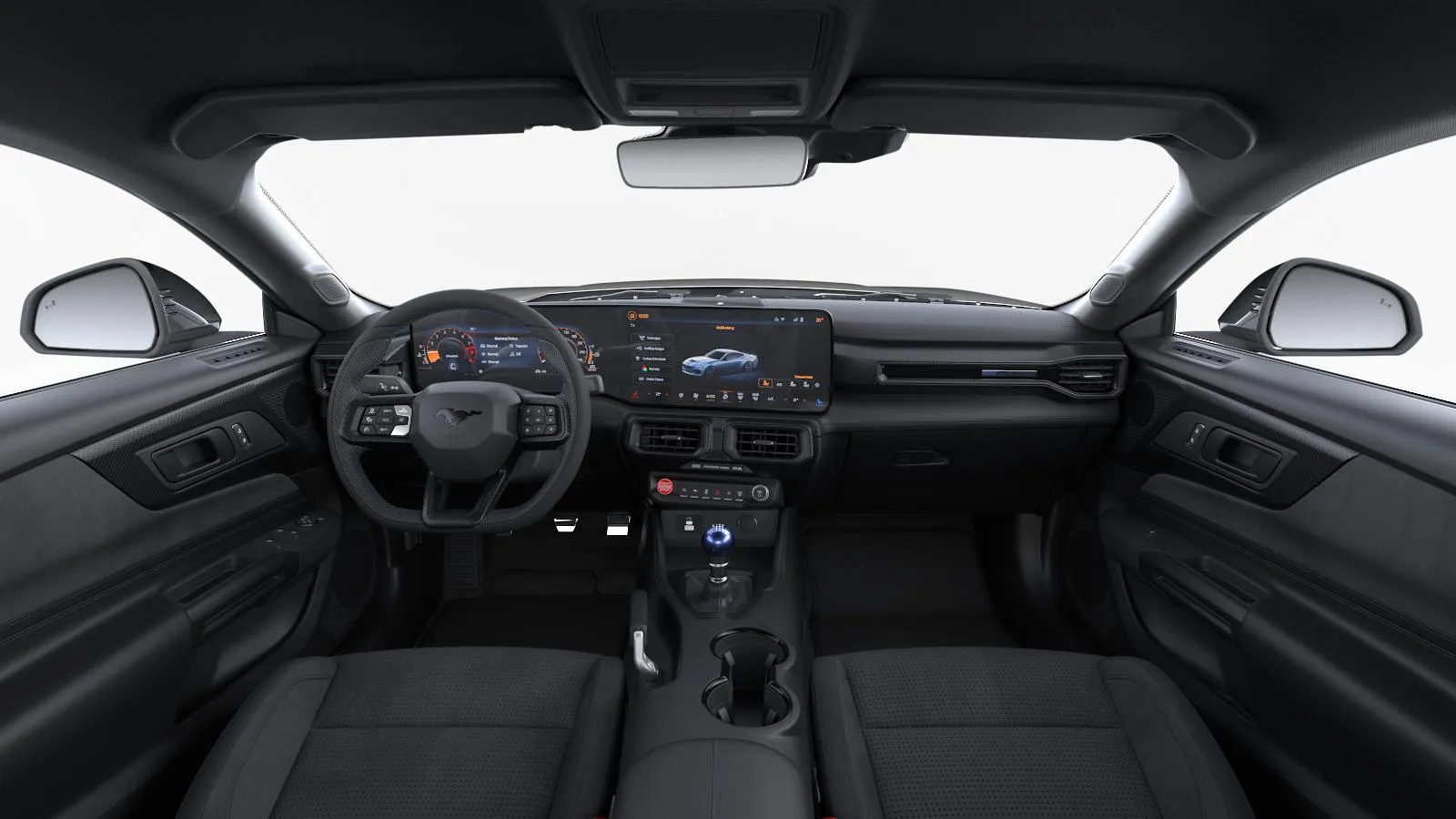 Mustang Fastback, Dark Horse, interiér Čalounění velur/vinyl v černé s modrým prošíváním, dashboard