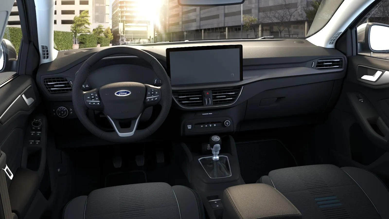 Focus kombi, Active X, interiér Látky Nunatak / Eton  s modrým prošíváním, dashboard