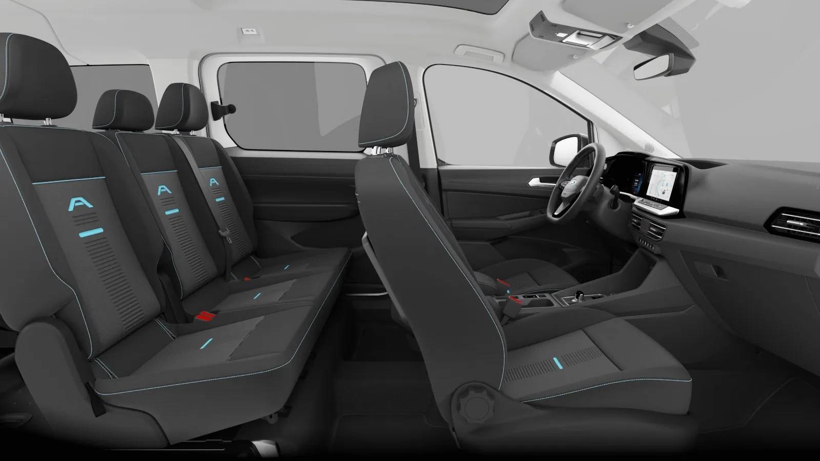 Grand Tourneo Connect, Active, interiér Tmavé látkové potahy sedadel ,Glacier' s modrým prošíváním, dashboard-side