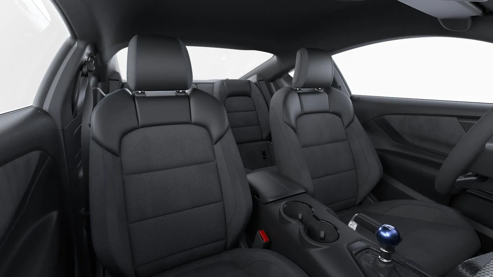 Mustang Fastback, Dark Horse, interiér Čalounění velur/vinyl v černé s modrým prošíváním, rear-seats