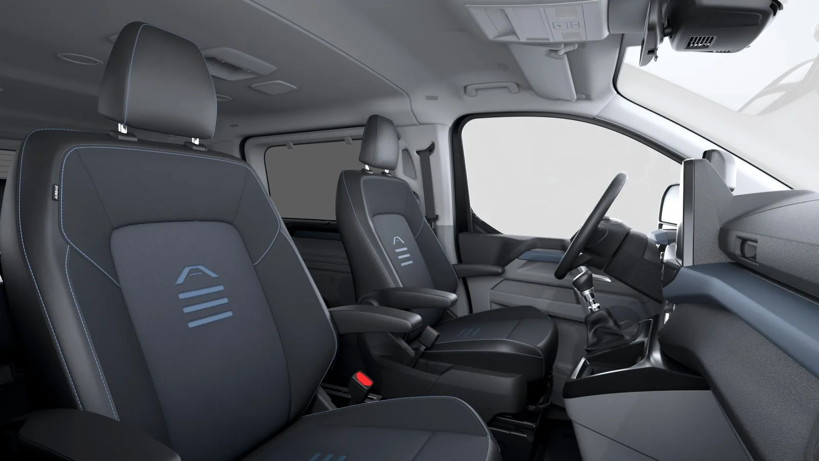 Tourneo Custom 320 L1 H1, Active, interiér Tmavé potahy látka/vinyl Active s modrým prošíváním a logem A, dashboard-side