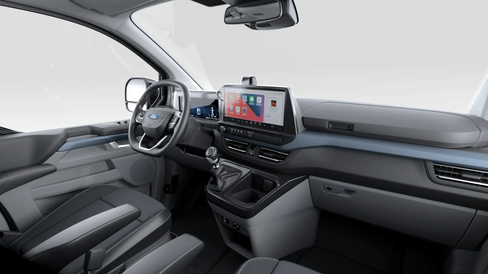 Tourneo Custom 320 L1 H1, Active, interiér Tmavé potahy látka/vinyl Active s modrým prošíváním  a logem A, dashboard