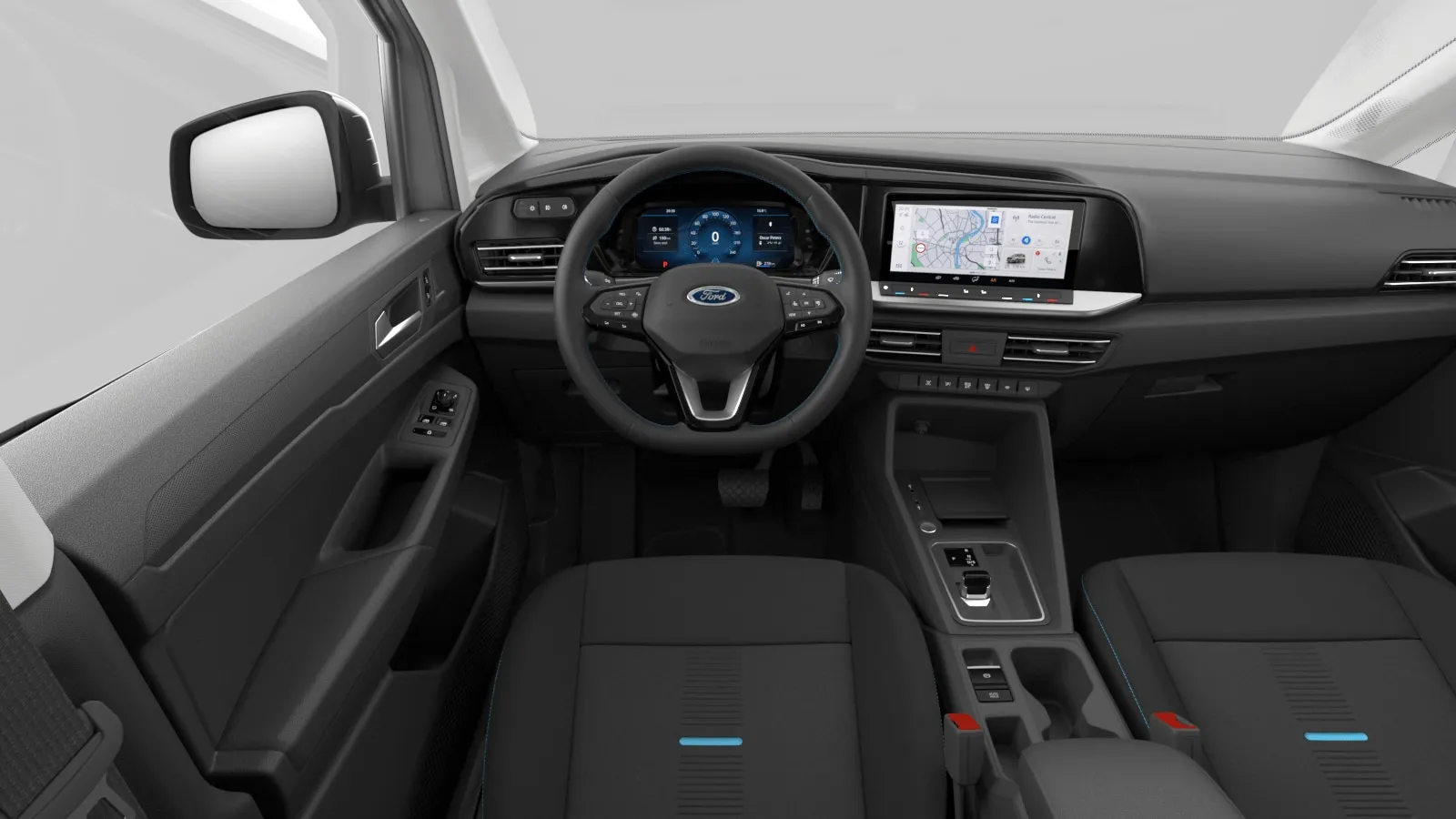 Grand Tourneo Connect, Active, interiér Tmavé látkové potahy sedadel ,Glacier' s modrým prošíváním, dashboard