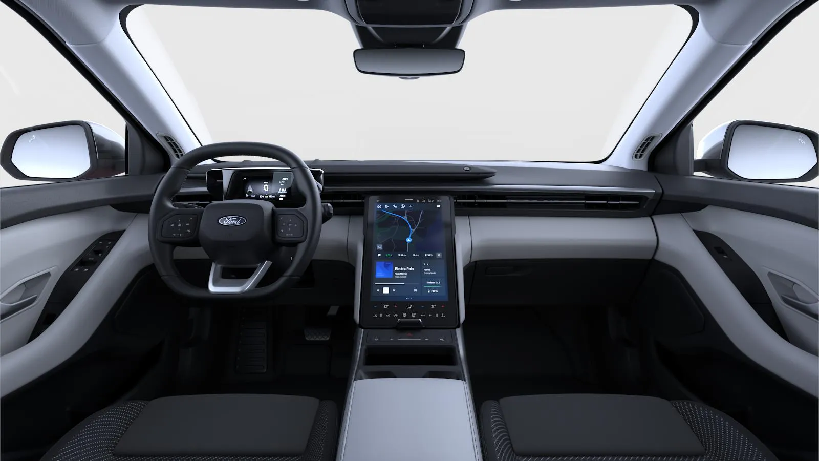 Explorer EV, Select, interiér Sedadla čalouněná v černé látce, dashboard