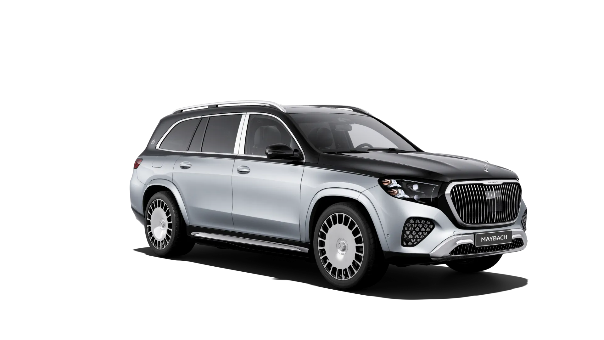 Mercedes-Maybach GLS (X167-fl2), Ozdobné výplně interiéru Exclusive, Dvoubarevné metalické lakování Maybach - stříbrná high-tech/černá obsidian, front