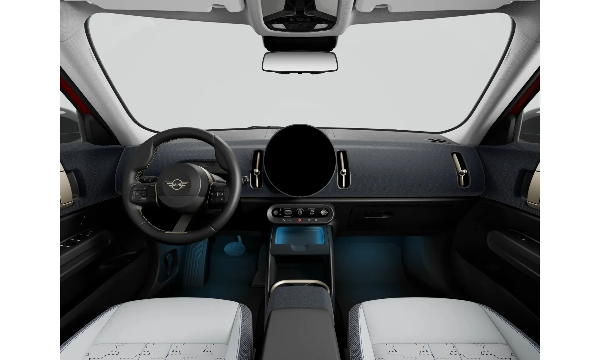 Countryman E (U25), Paket Classic, Nemetalický lak Chili Red II, interiér Kombinace veganská kůže Vescin/látka Grey/Blue, dashboard