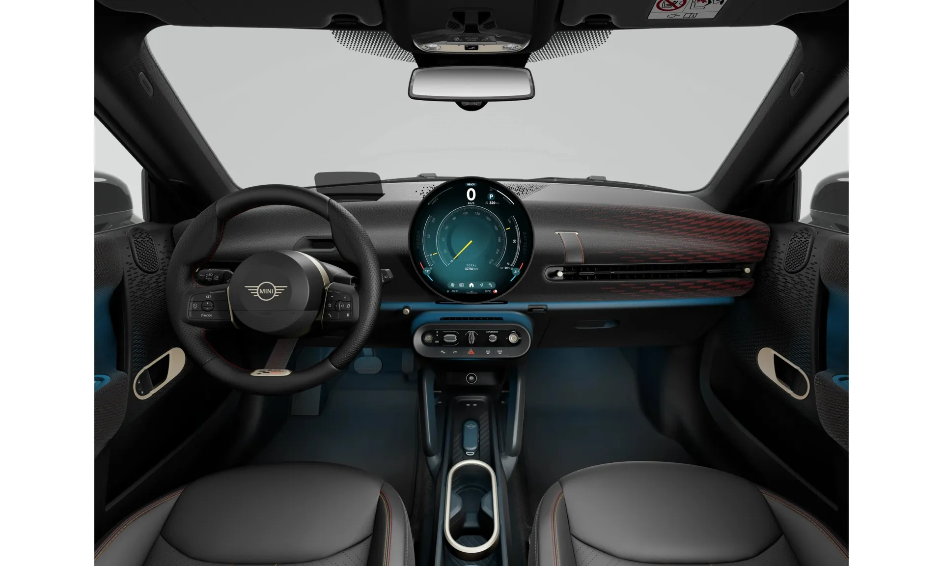 Cooper E (J01), Paket John Cooper Works, Metalický lak Indigo Sunset Blue, interiér Veganská kůže Vescin JCW Black, dashboard