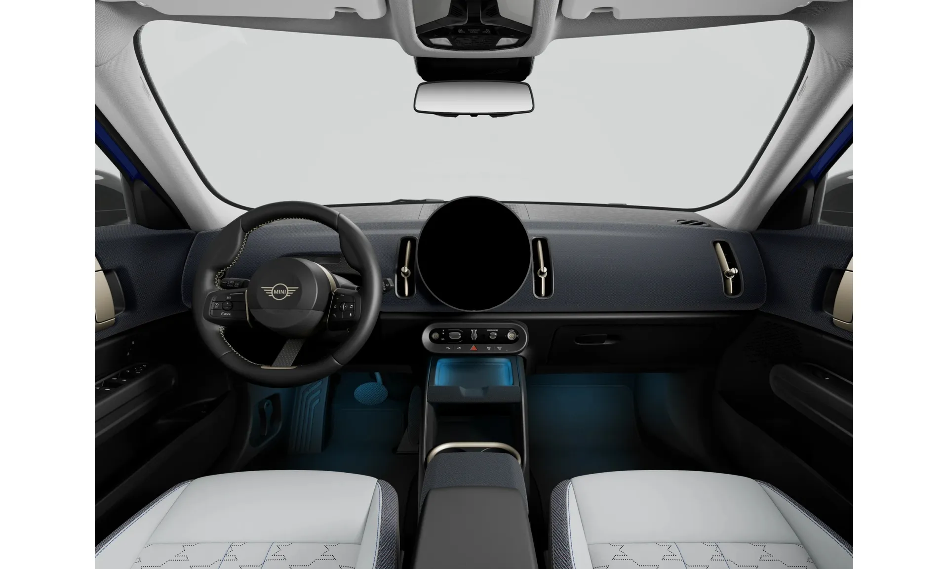 Countryman (U25), Paket Classic, Metalický lak Blazing Blue, interiér Kombinace veganská kůže Vescin/látka Grey/Blue, dashboard