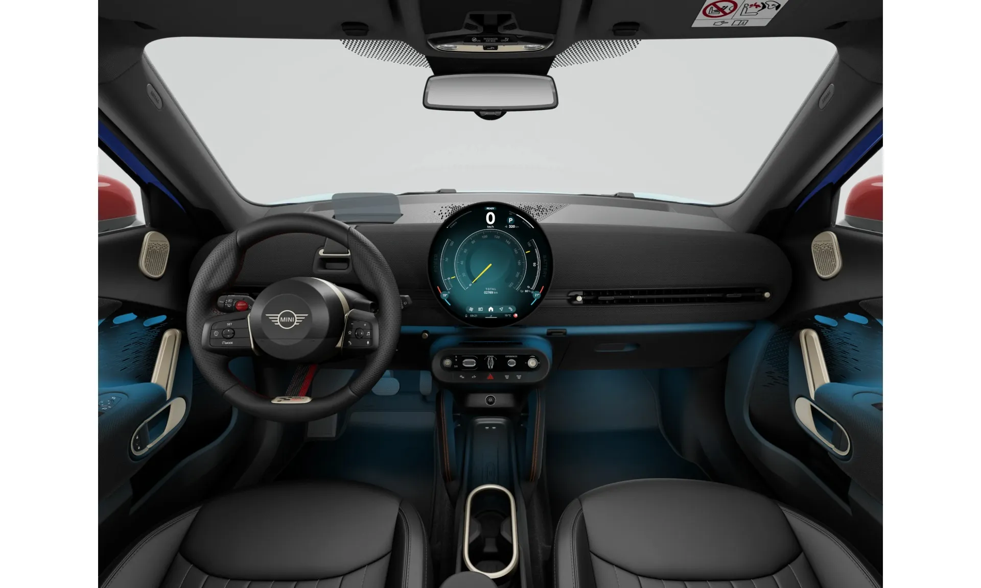 Aceman E (J05), John Cooper Works, Metalický lak Blazing Blue, interiér Umělá kůže Vescin Black, dashboard