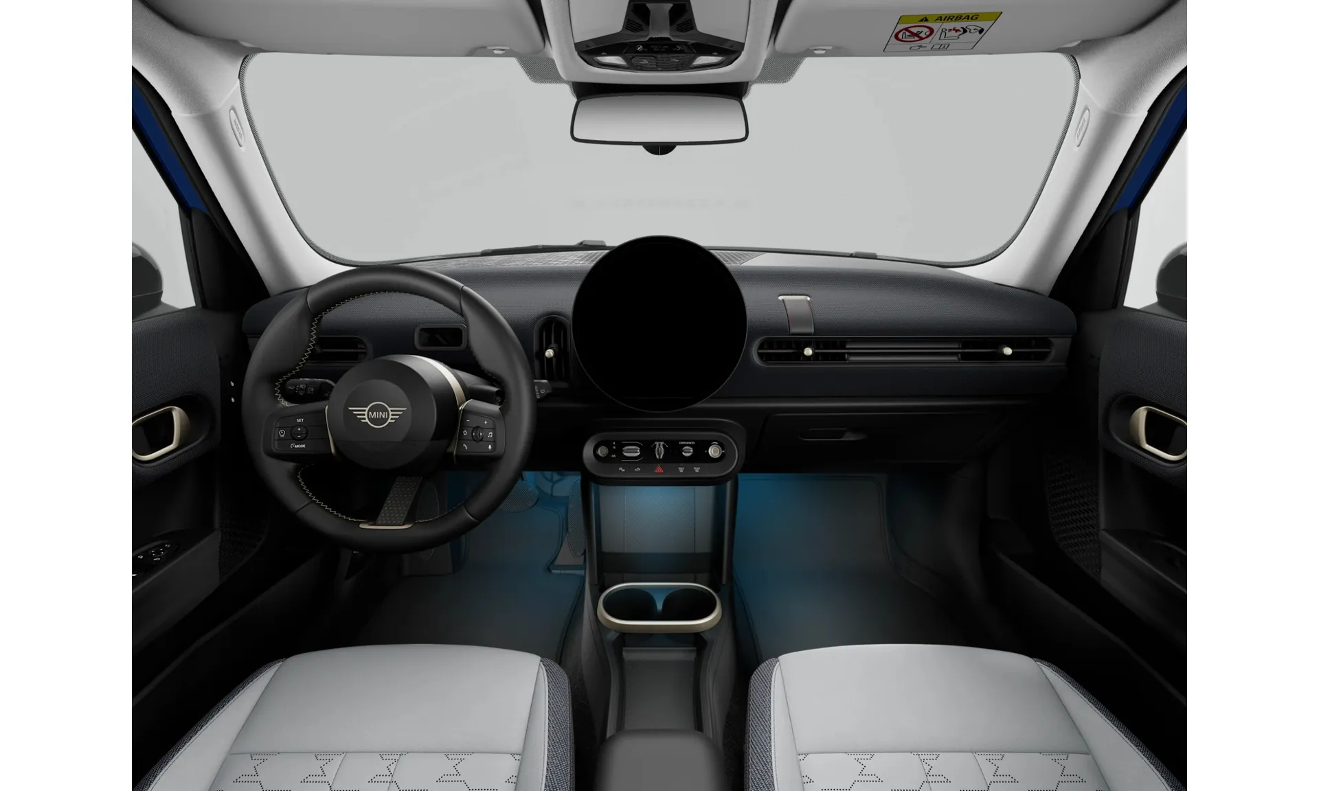 Cooper 5dveřové (F65), Paket Classic, Metalický lak Icy Sunshine Blue, interiér Kombinace veganská kůže Vescin/látka Grey/Blue, dashboard
