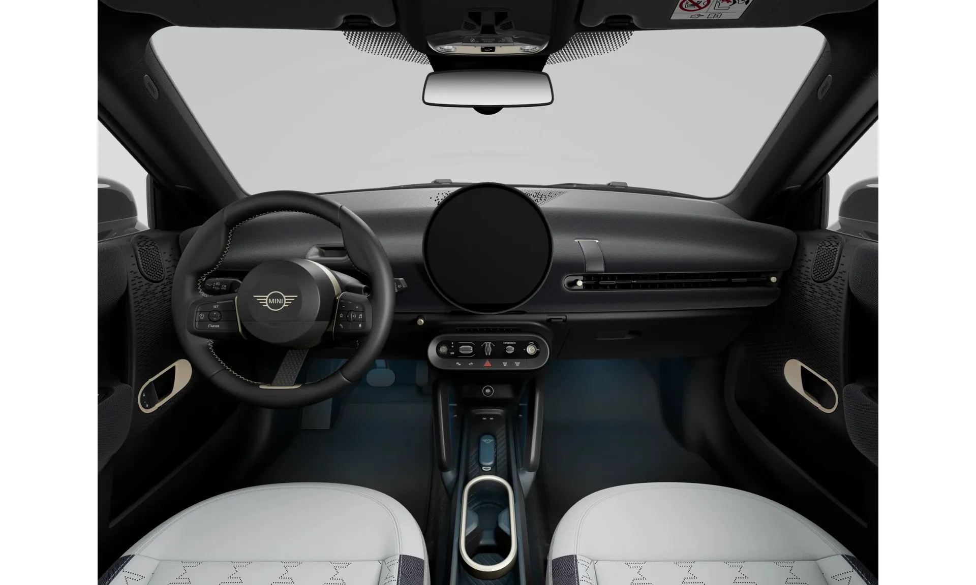 Cooper E (J01), Paket Classic, Nemetalický lak Sunny Side Yellow, interiér Kombinace veganská kůže Vescin/látka Grey/Blue, dashboard