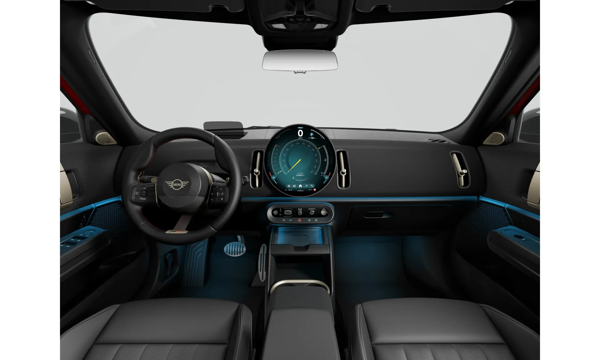 Countryman (U25), John Cooper Works, Nemetalický lak Chili Red II, interiér Umělá kůže Vescin Black, dashboard