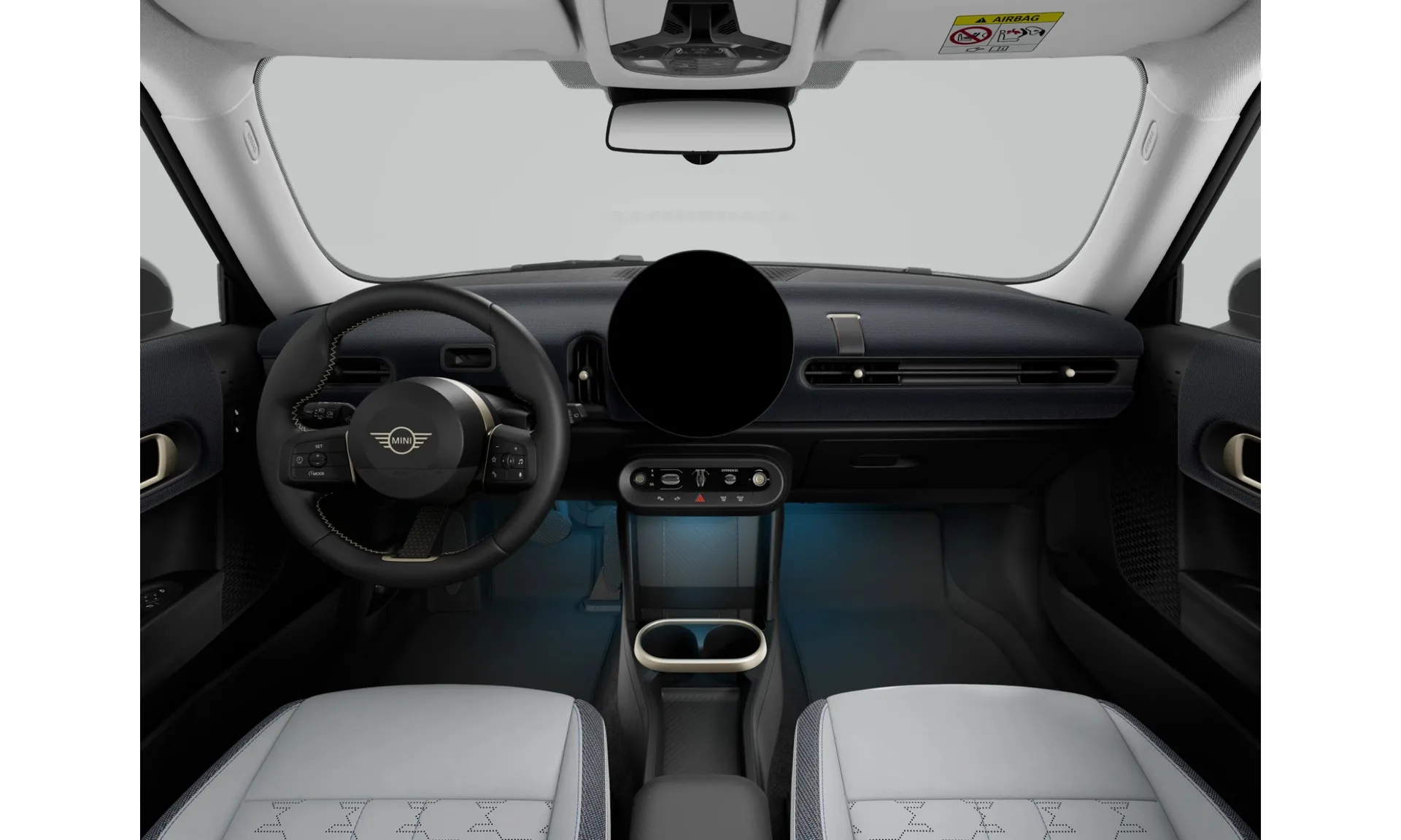 Cooper (F66), Paket Classic, Metalický lak Ocean Wave Green, interiér Kombinace veganská kůže Vescin/látka Grey/Blue, dashboard