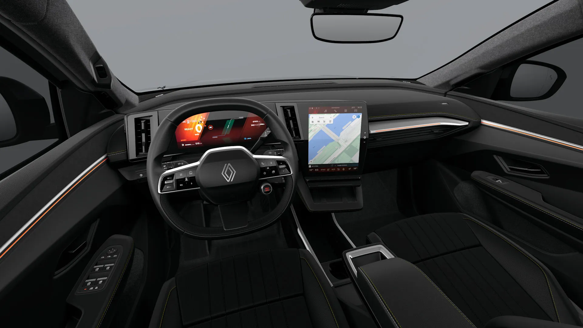 Scenic E-Tech, Iconic, interiér čalounění v kombinaci recyklovaná textilie / syntetická kůže, tmavé, dashboard