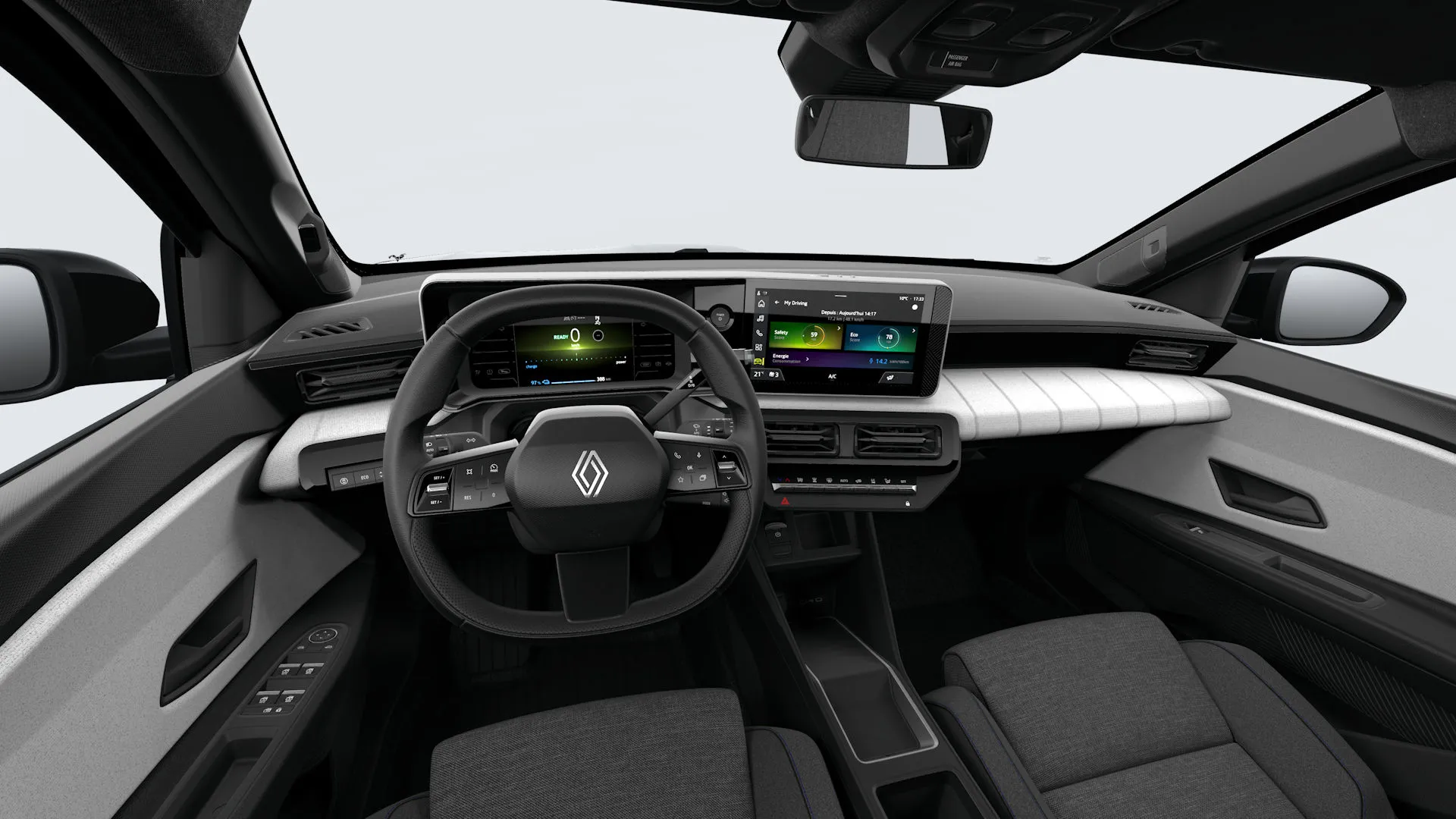 Renault 4 E-Tech, Evolution, interiér látkové čalounění šedé, prošívání v modré, bílé, červené, dashboard