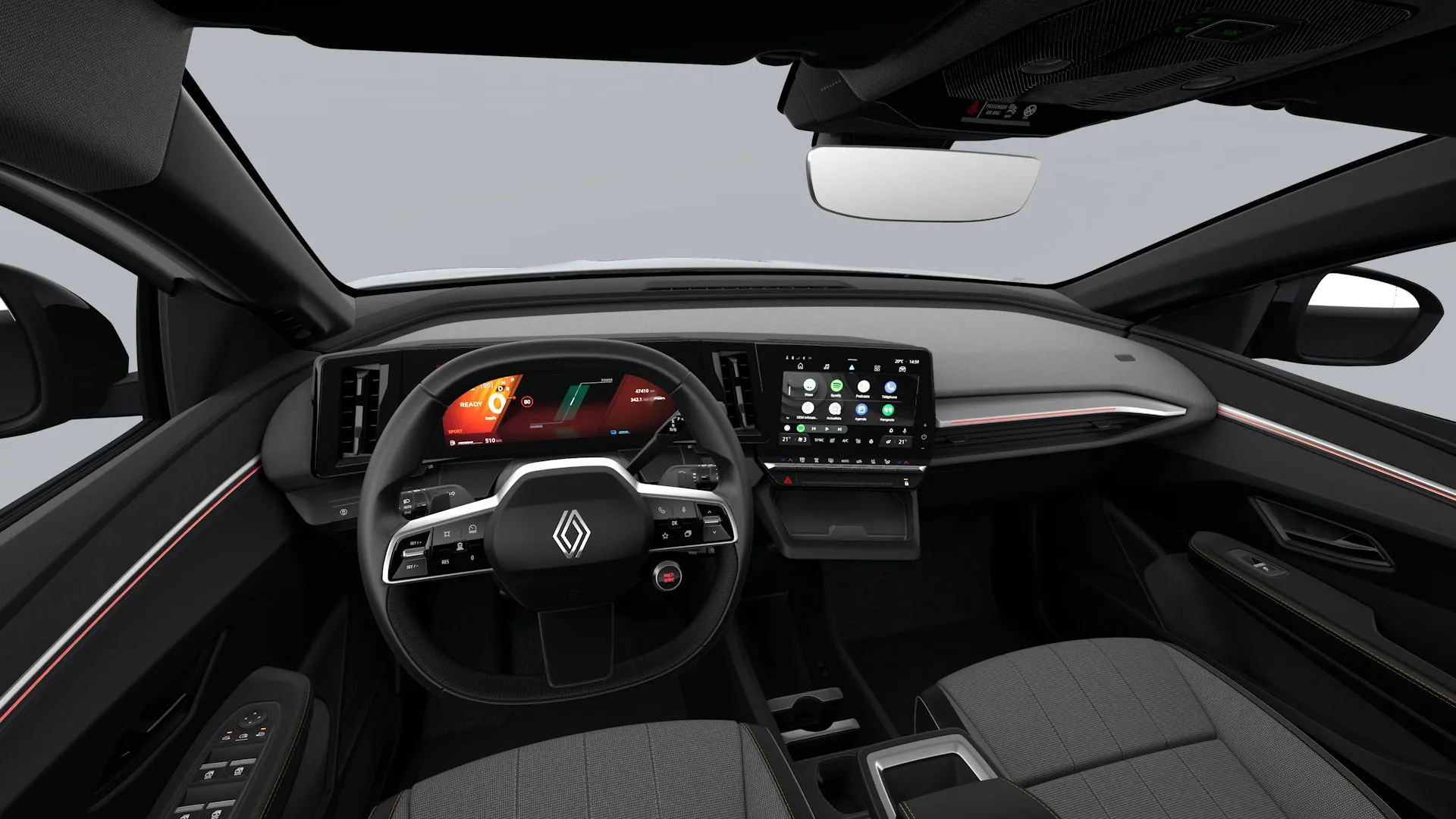 Megane E-Tech, Techno, interiér čalounění v kombinaci syntetická kůže a recyklované textilie, dashboard