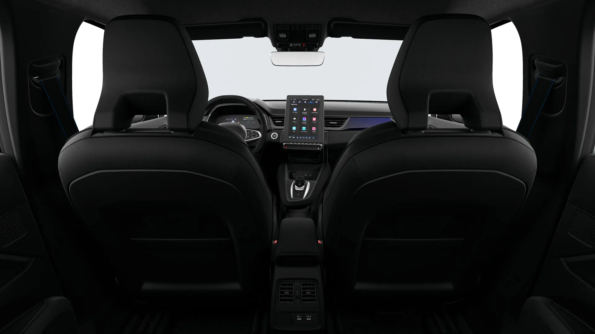 Symbioz, Esprit Alpine, interiér čalounění v kombinaci syntetická kůže / látka s modrým prošíváním, cabin_rear