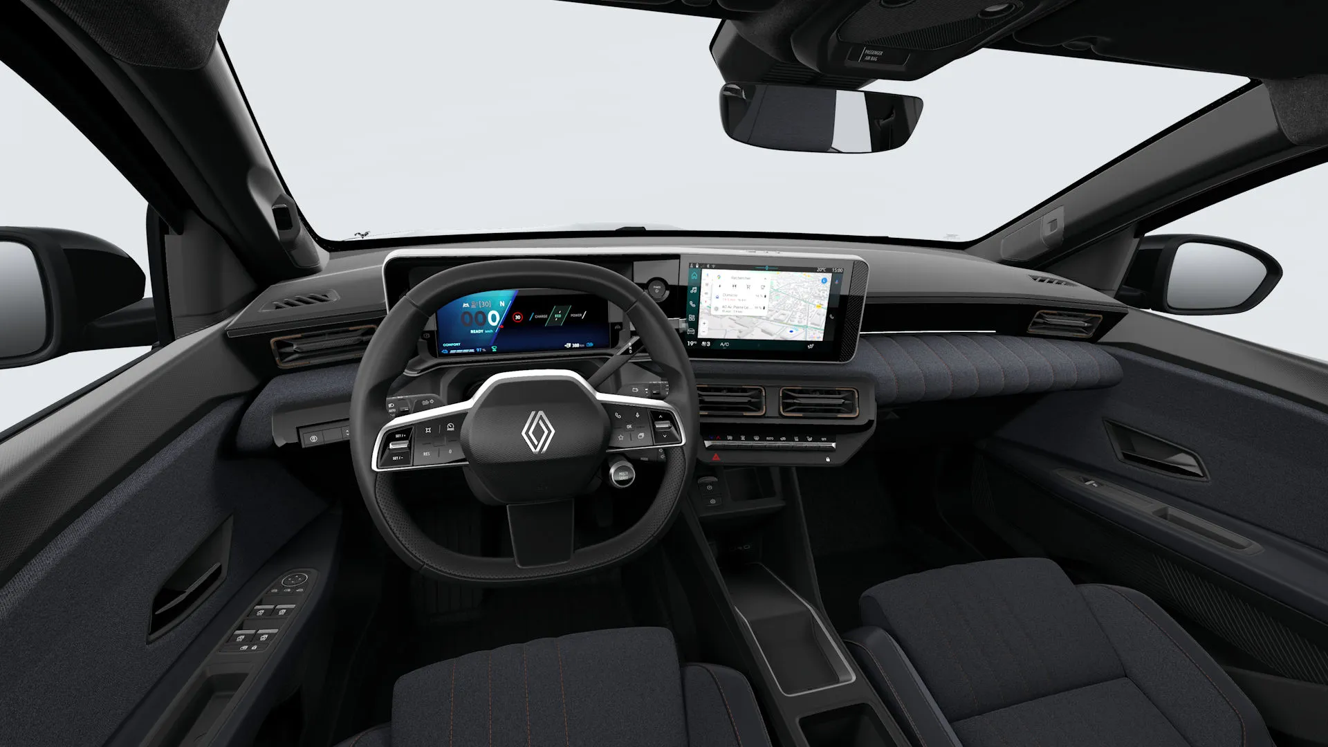Renault 4 E-Tech, Techno, interiér látkové čalounění ze 100% recyklované látky ve stylu denim, tmavě modré s měděným prošíváním, dashboard