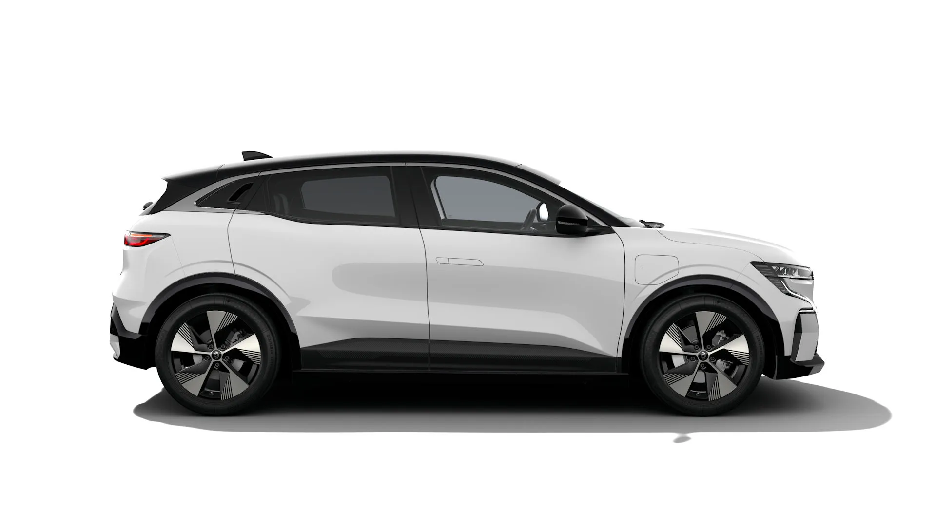 Megane E-Tech, Techno, bílá glacier / střecha černá étoilé, side