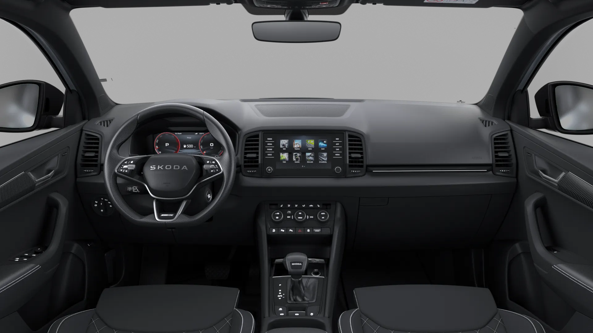 Karoq, Sportline, Stříbrná Smokey Diamond metalíza, interiér Sportline, dashboard